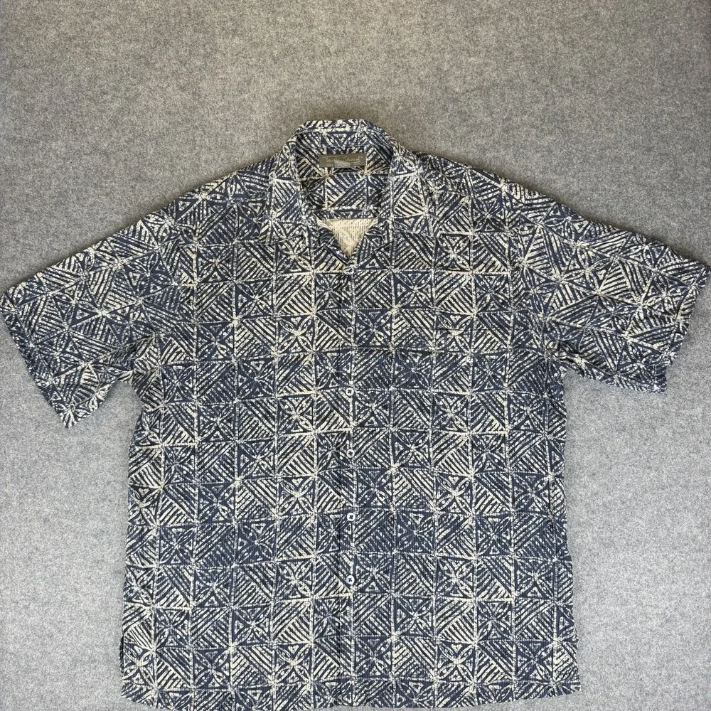Tori Richard Men's 100% Silk Hawaiian Shirt 2XL Blue Geometric Aloha Camp